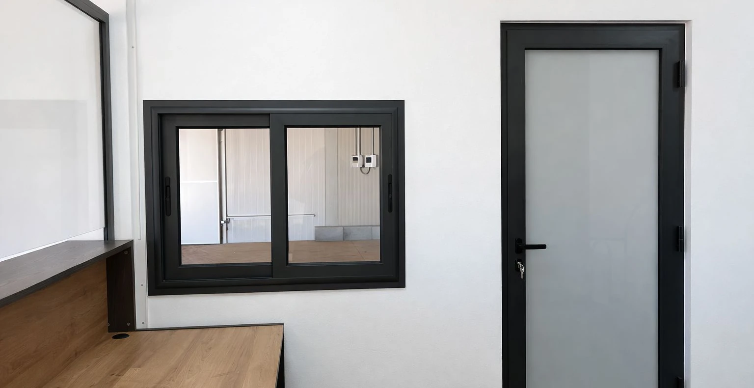 Fenêtre coulissante et porte vitrée dans bureau moderne